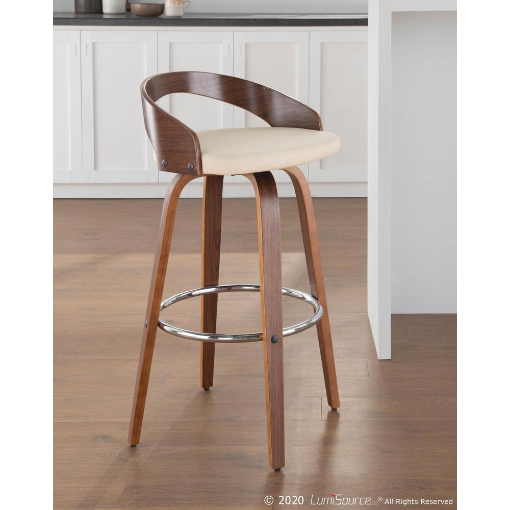 Walnut Wood, Cream Pu, Chrome Grotto Barstool - Set of 2. Picture 10
