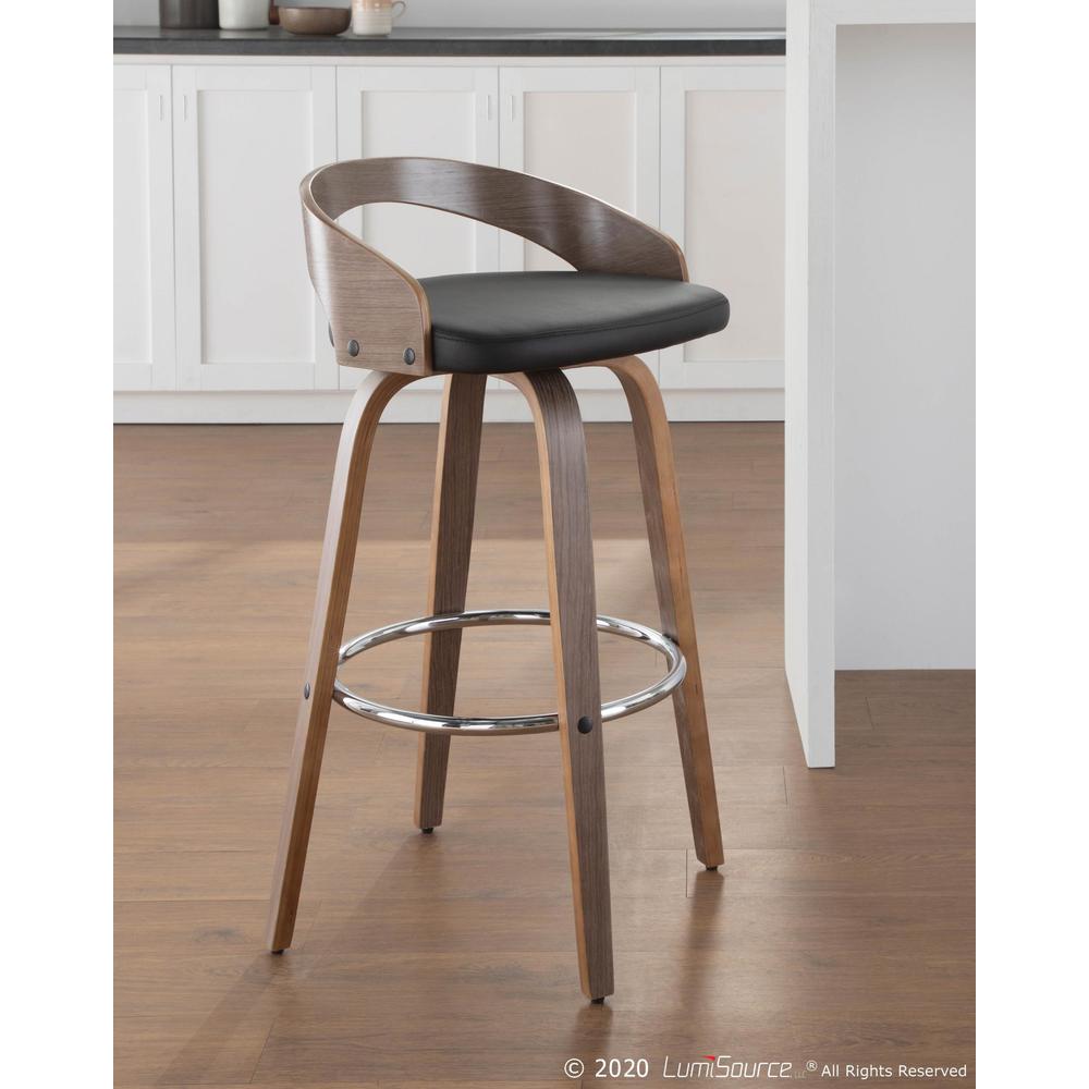 Light Grey Wood, Black PU, Chrome Grotto 30" Fixed Height Barstool - Set of 2. Picture 11