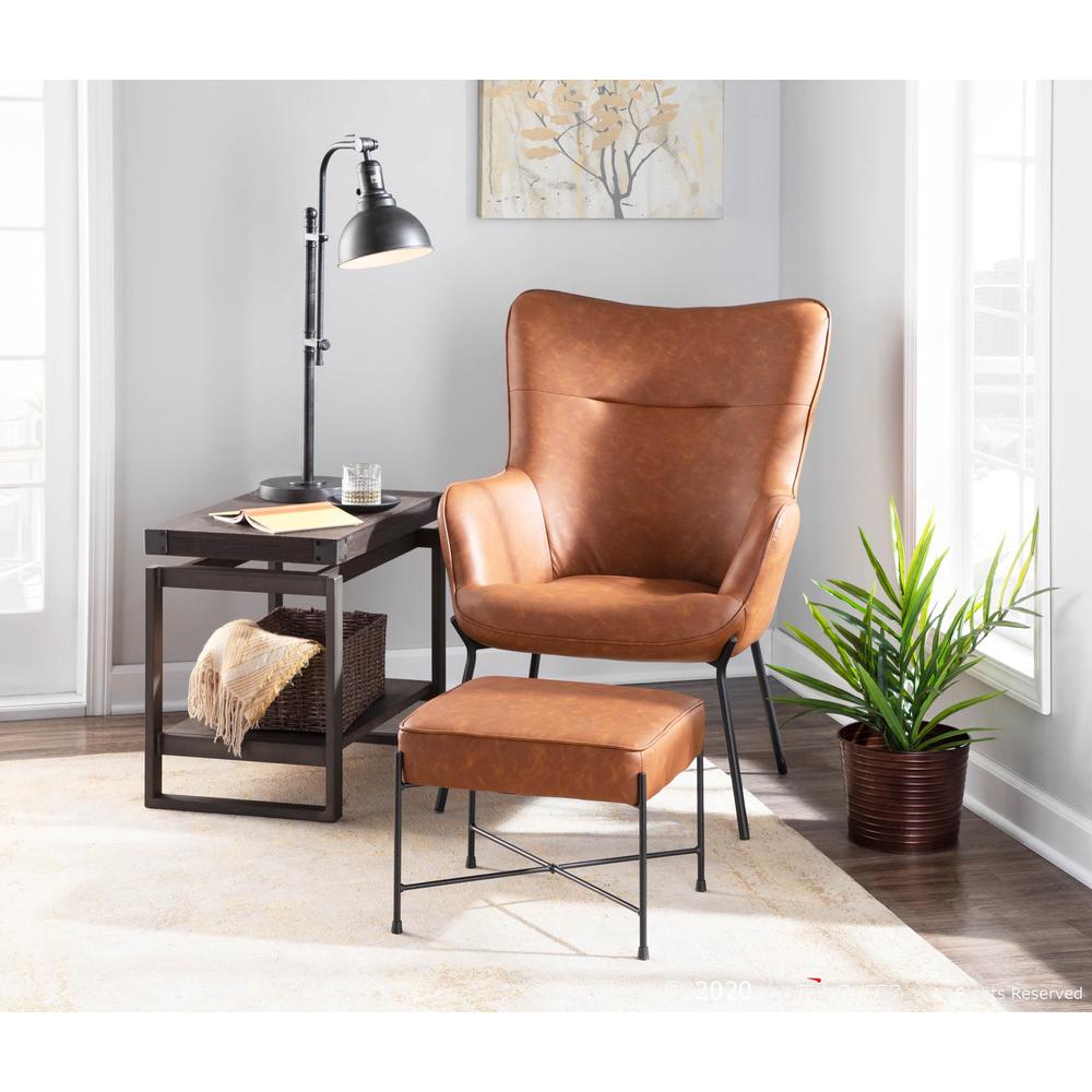 Black Metal, Camel PU Izzy Lounge Chair + Ottoman Set. Picture 8