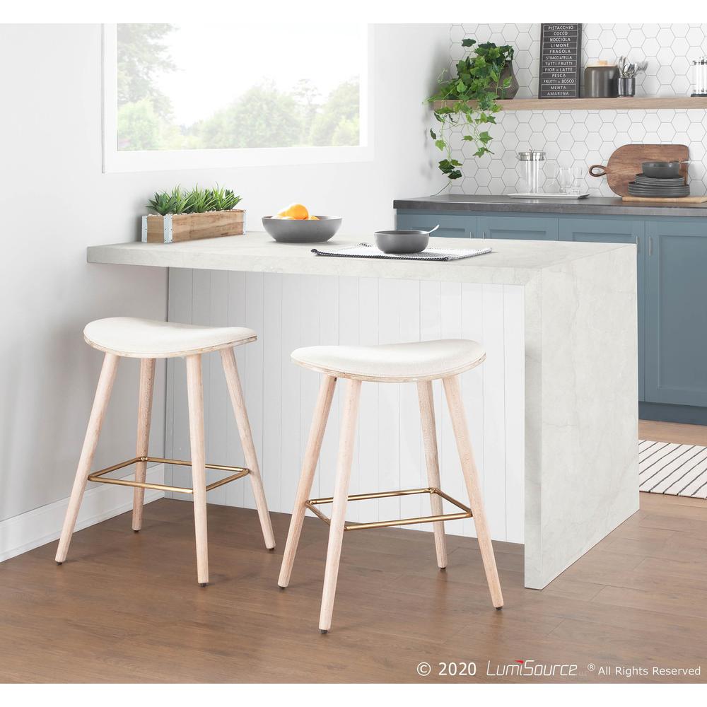 White Washed Wood, Gold Metal, Cream Fabric Saddle Counter Stool - Set of 2. Picture 8