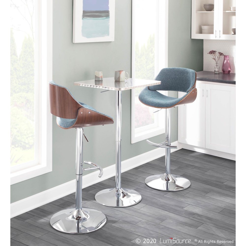Chrome, Walnut Wood, Blue Fabric Fabrizzi Adjustable Barstool - Set of 2. Picture 10