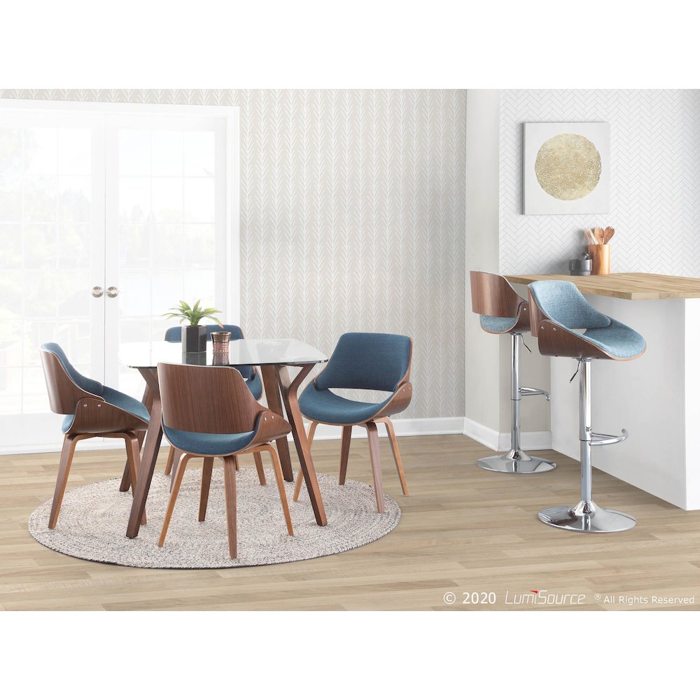 Chrome, Walnut Wood, Blue Fabric Fabrizzi Adjustable Barstool - Set of 2. Picture 9