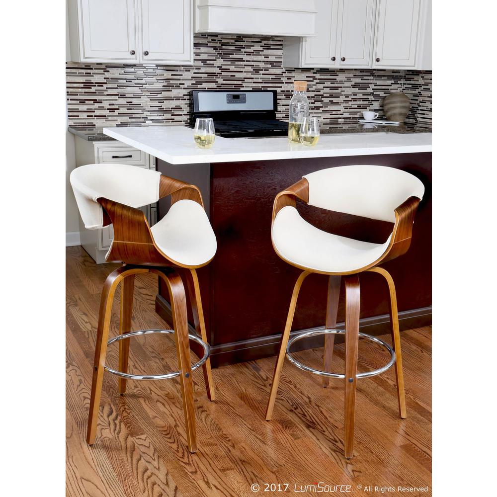 Walnut Wood, Cream Fabric, Chrome Curvini 30'' Fixed Height Barstool - Set of 2. Picture 10