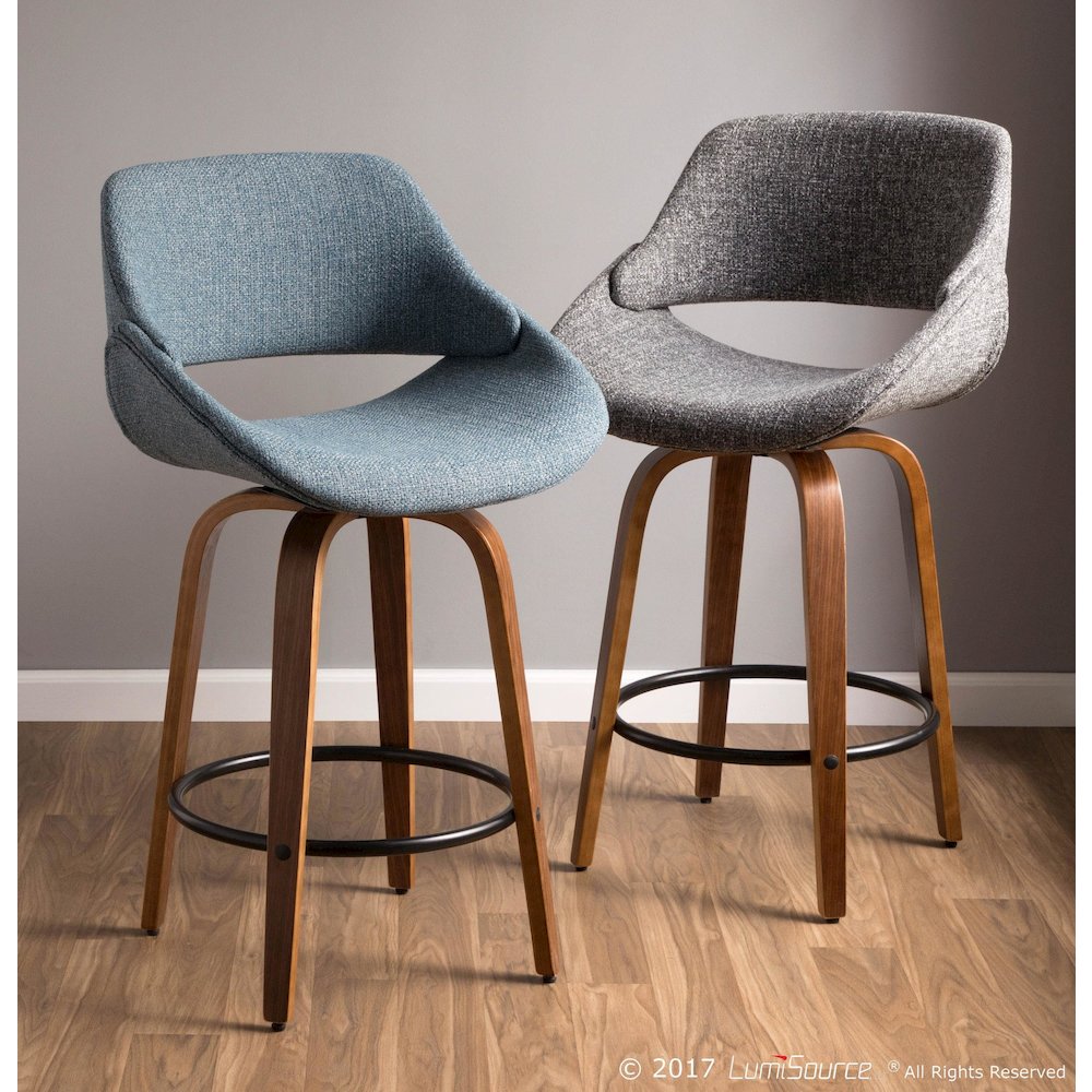 Walnut Wood, Blue Noise Fabric, Black Metal Fabrico Counter Stool - Set of 2. Picture 11