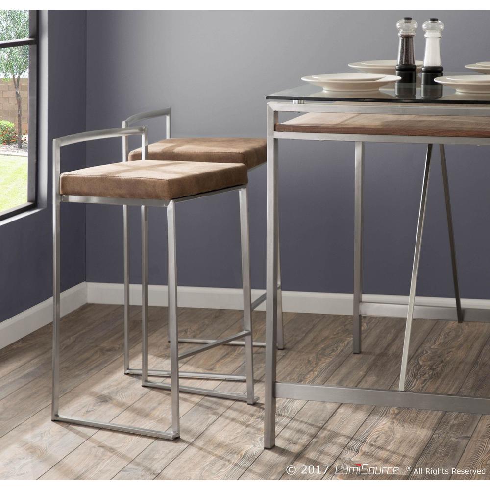 Stainless Steel, Brown Cowboy Fabric Fuji Stacker Counter Stool - Set of 2. Picture 10