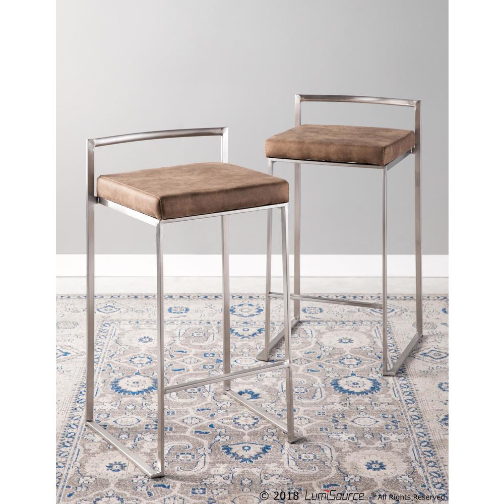 Stainless Steel, Brown Cowboy Fabric Fuji Stacker Counter Stool - Set of 2. Picture 9