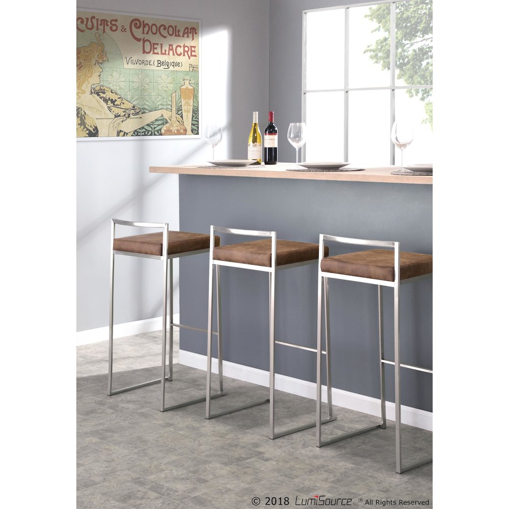 Stainless Steel, Brown Cowboy Fabric Fuji Stacker Barstool - Set of 2. Picture 9
