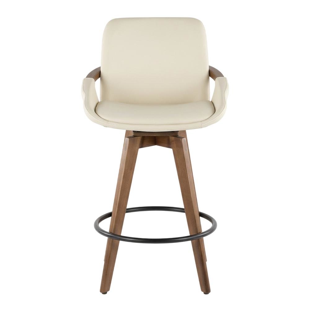 Mid-Century Counter Stool in Walnut and Cream Faux Leather with Armrests. Picture 1