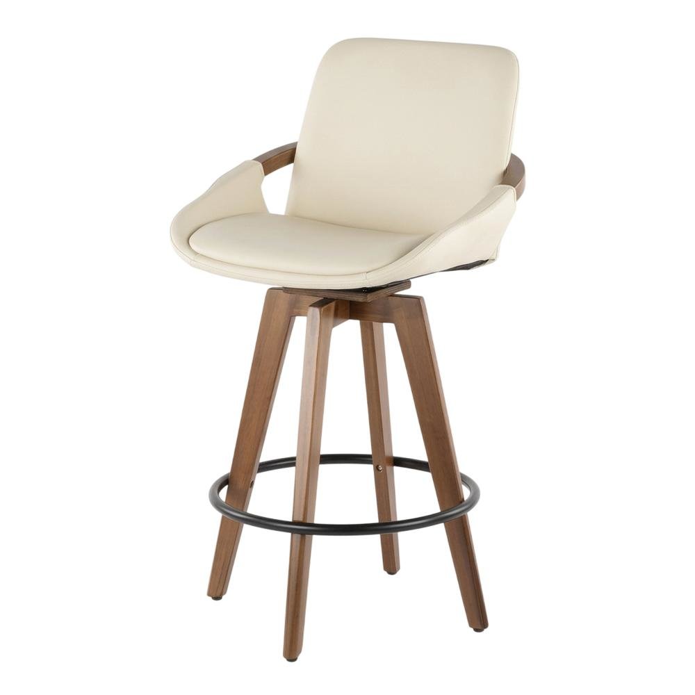 Mid-Century Counter Stool in Walnut and Cream Faux Leather with Armrests. Picture 3