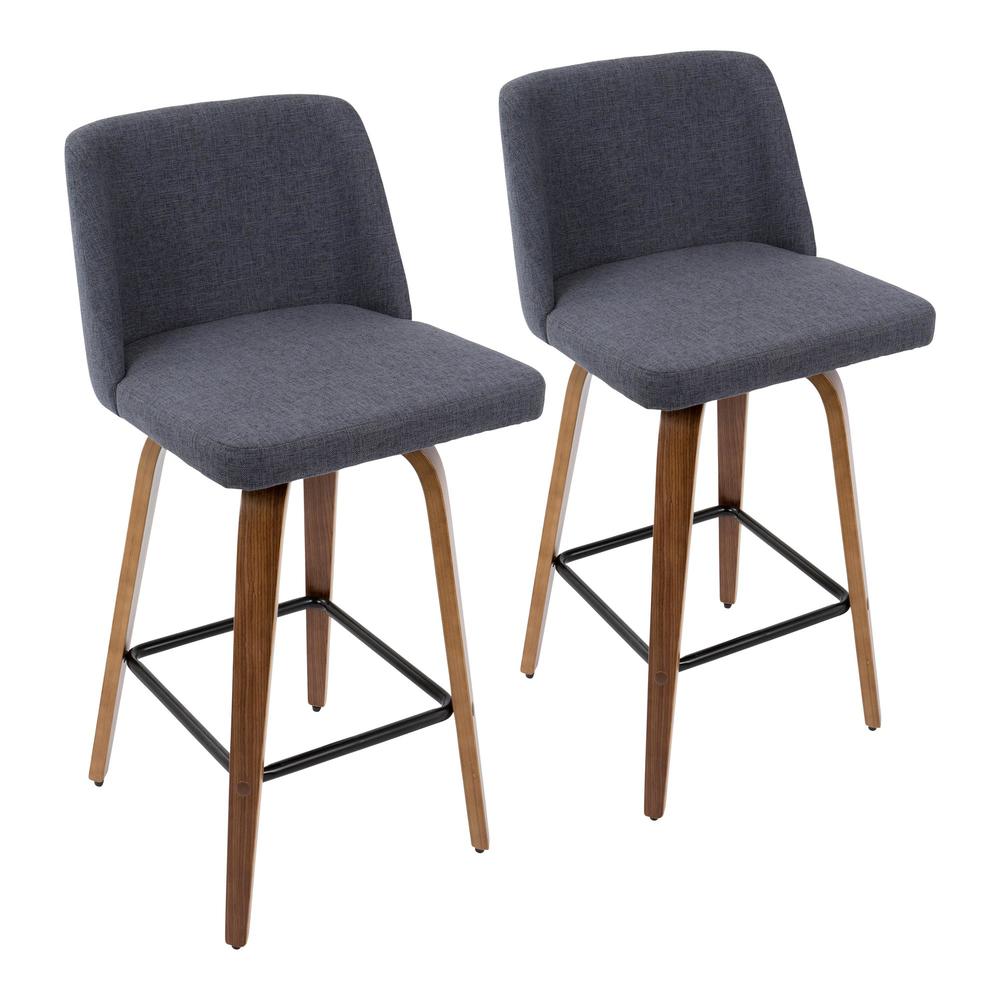 Walnut Wood, Blue Fabric, Black Metal Toriano Counter Stool - Set of 2. Picture 1