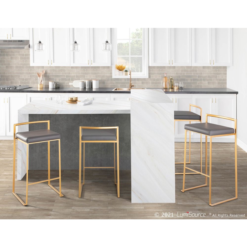 Fuji Stacker 30" Fixed-Height Barstool - Set of 3 in Gold Metal, Grey PU color. Picture 8