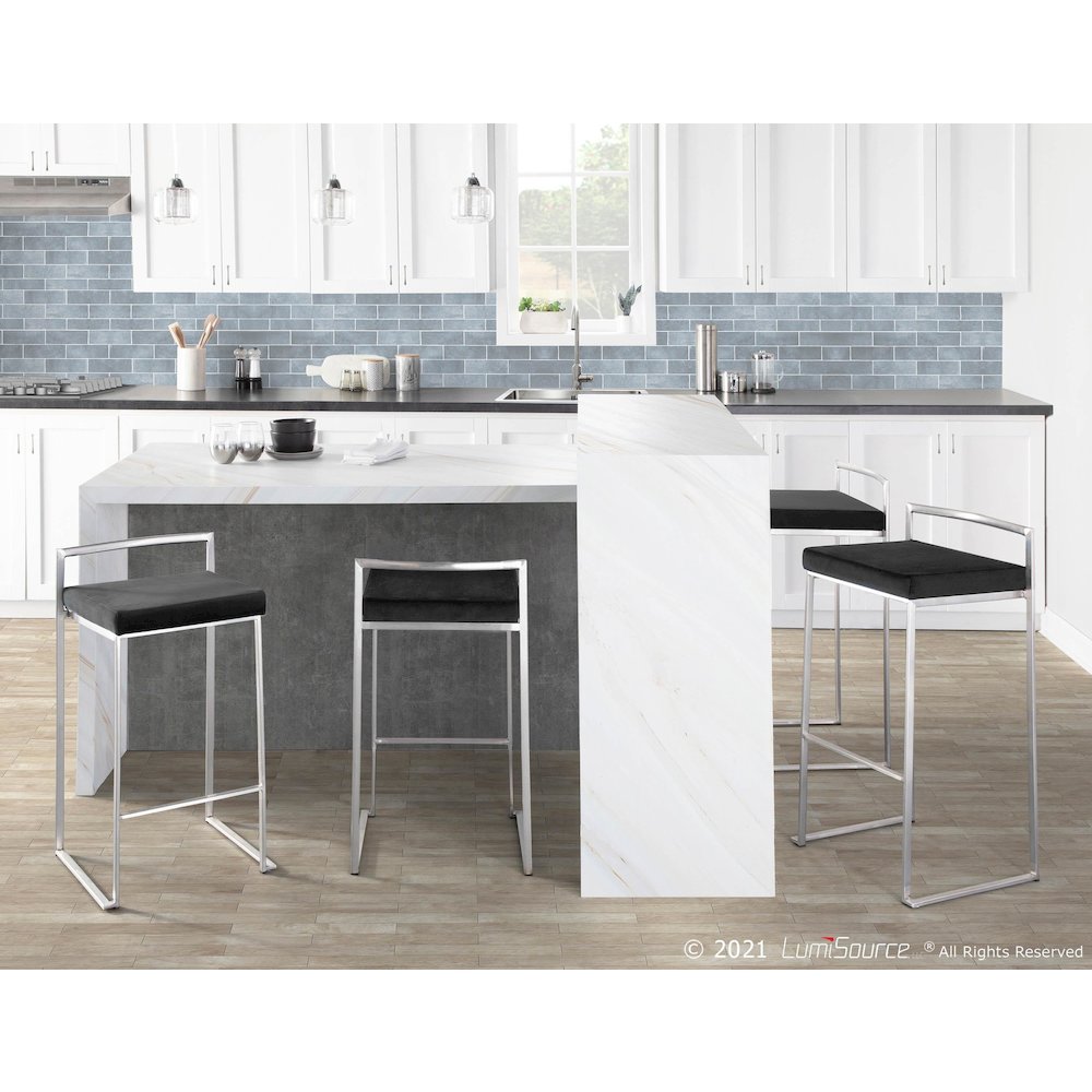 Brushed Stainless Steel, Black Velvet Fuji Stacker Barstool - Set of 2. Picture 11