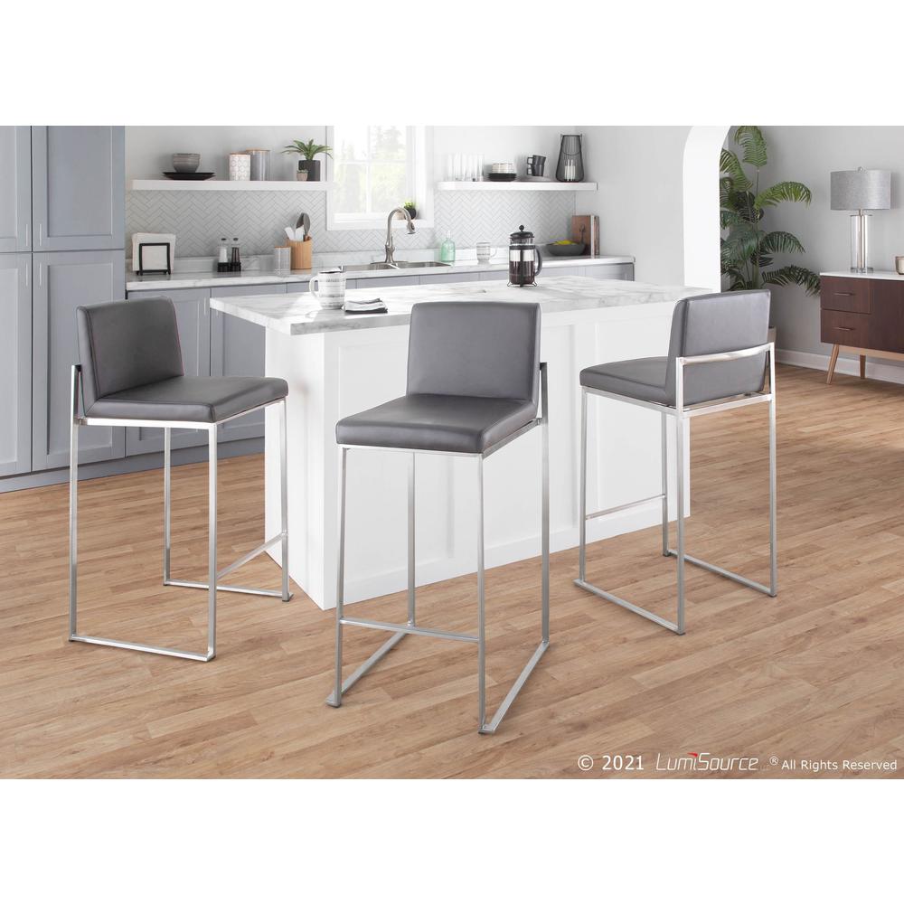 Stainless Steel, Grey PU Fuji High Back Counter Stool - Set of 2. Picture 10