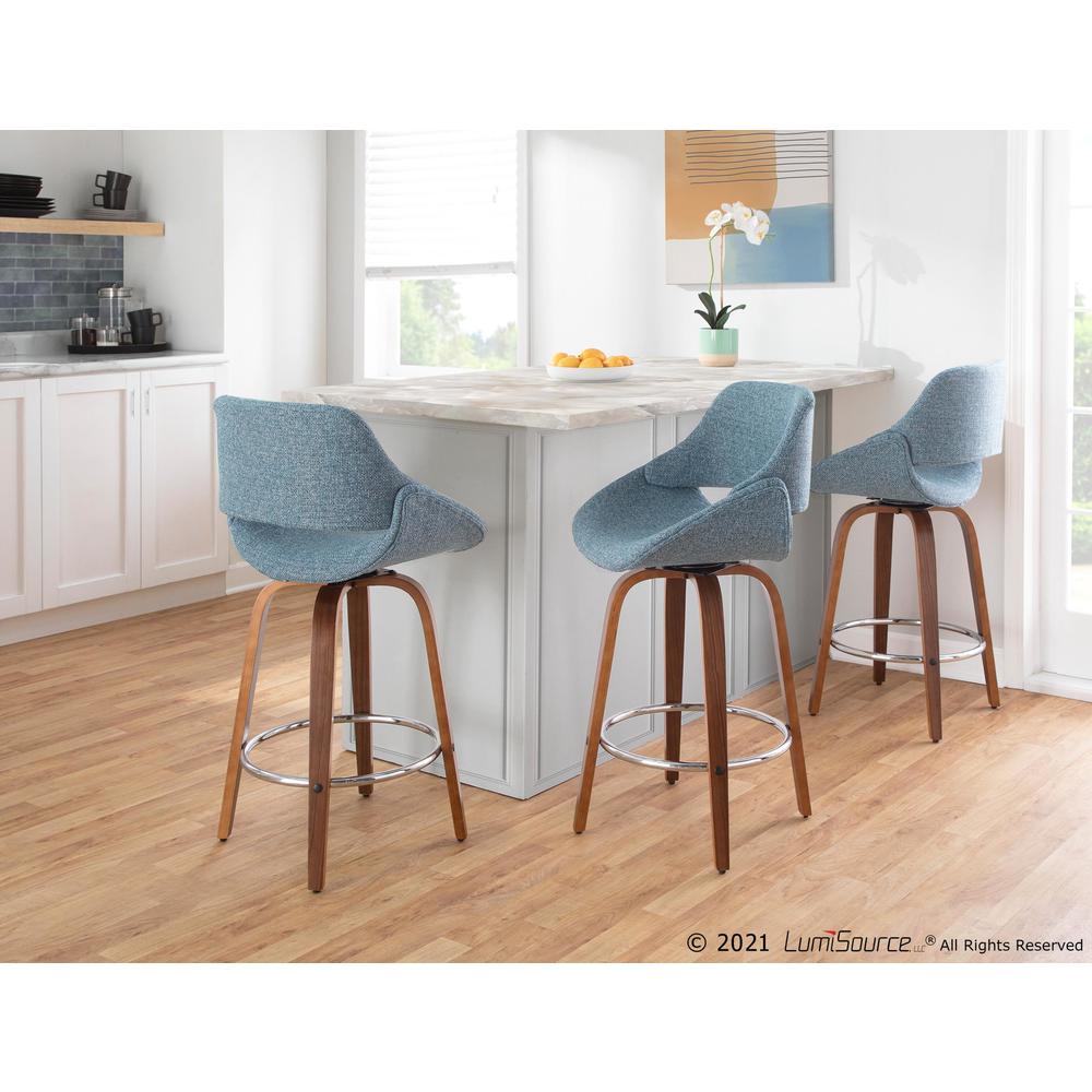 Walnut Wood, Blue Fabric, Chrome Fabrico Counter Stool - Set of 2. Picture 8