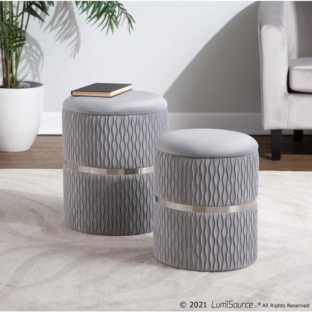 Chrome, Silver Velvet Cinch Nesting Ottoman Set. Picture 8