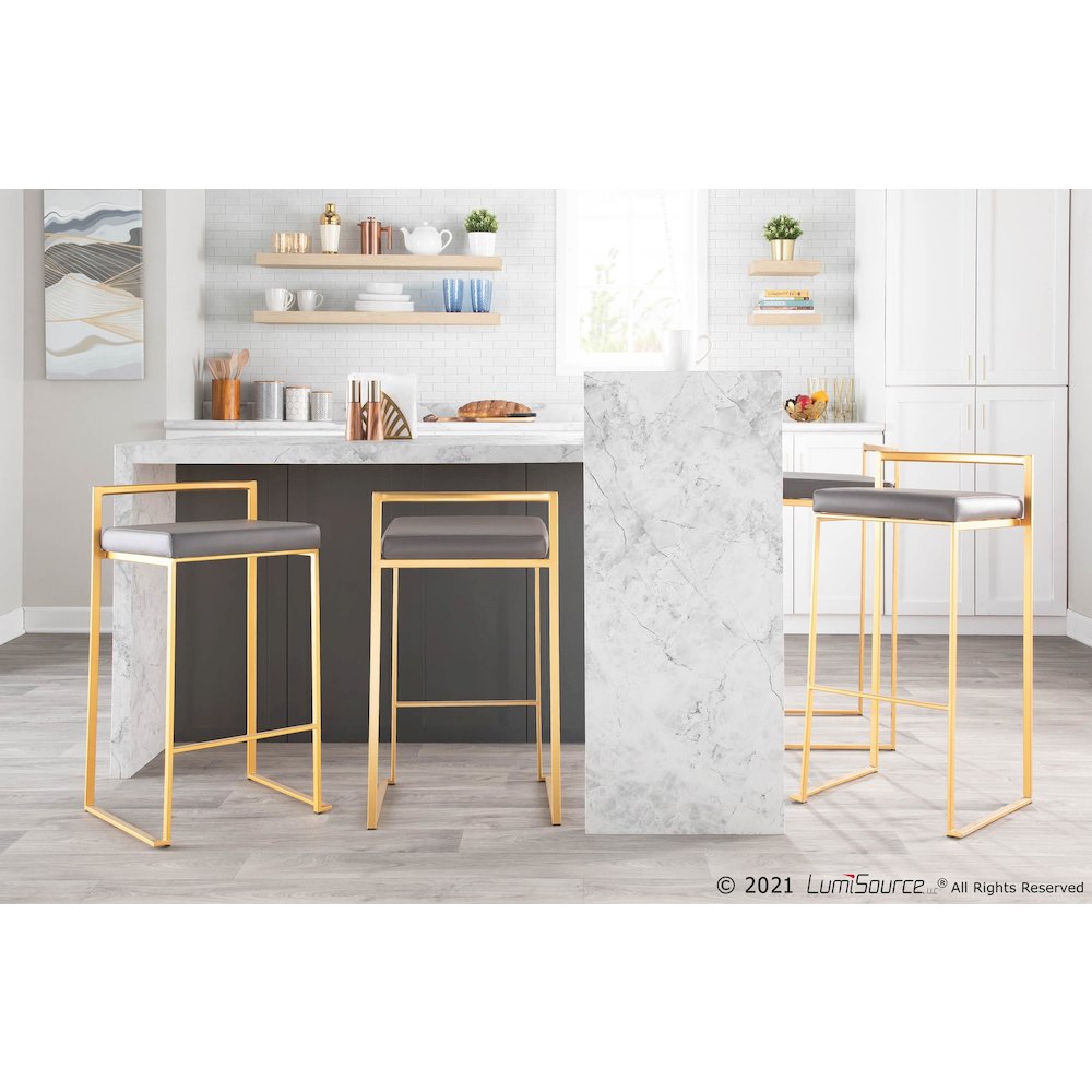 Fuji Stacker 30" Fixed-Height Barstool - Set of 3 in Gold Metal, Grey PU color. Picture 9