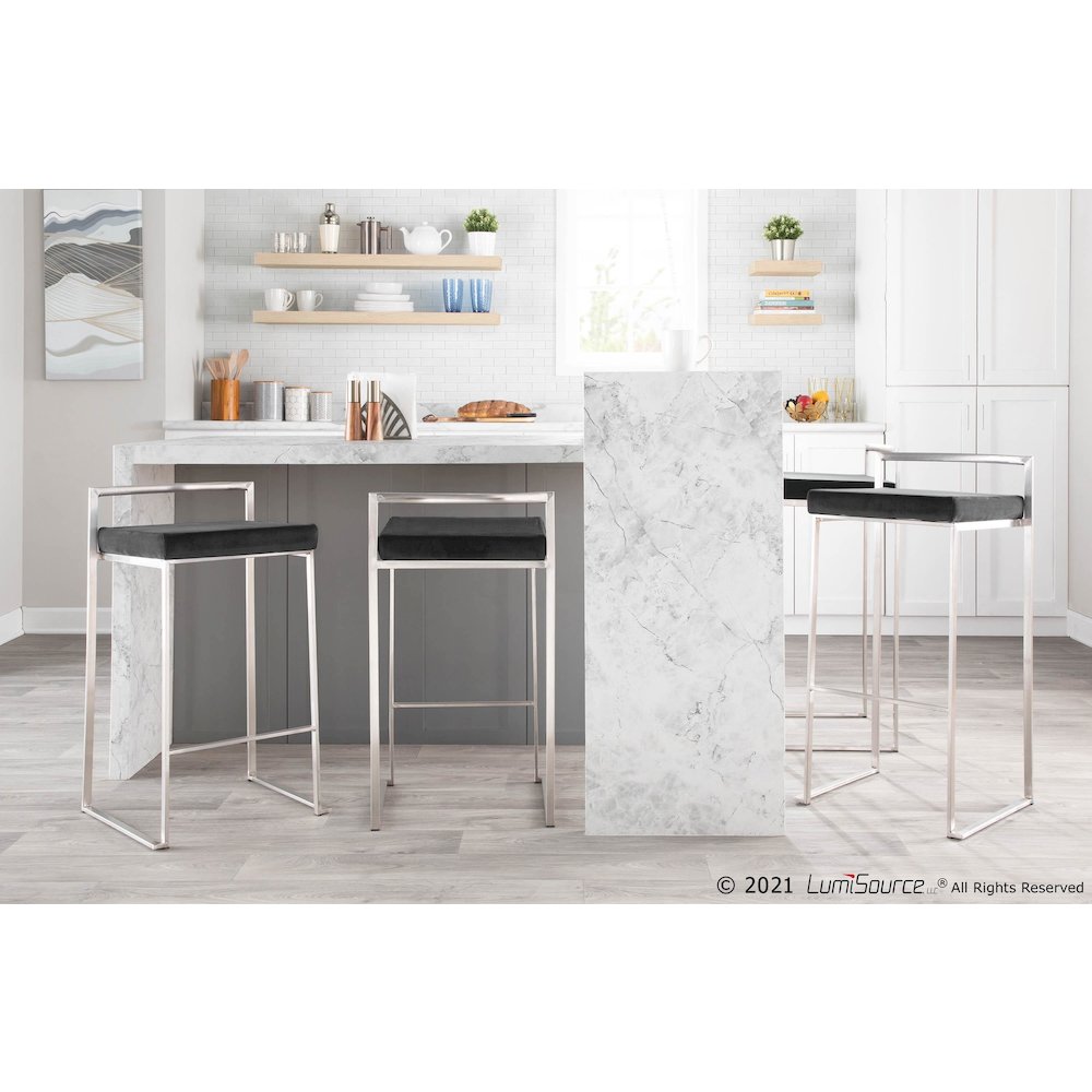 Brushed Stainless Steel, Black Velvet Fuji Stacker Counter Stool - Set of 2. Picture 8