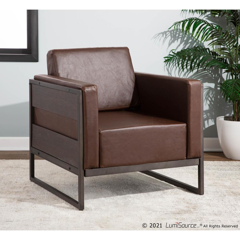 Antique Metal, Espresso Wood, Brown PU Drift Lounge Chair. Picture 8