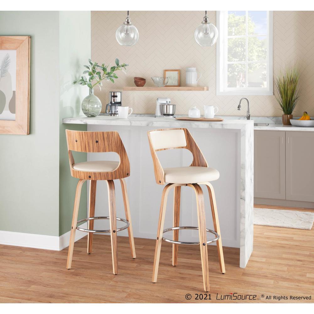 Zebra Wood, Cream PU, Chrome Cecina 30'' Fixed Height Barstool - Set of 2. Picture 9