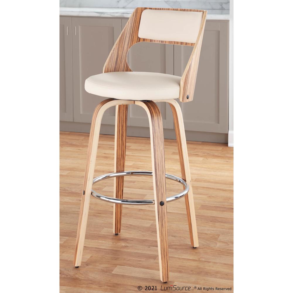 Zebra Wood, Cream PU, Chrome Cecina 30'' Fixed Height Barstool - Set of 2. Picture 10