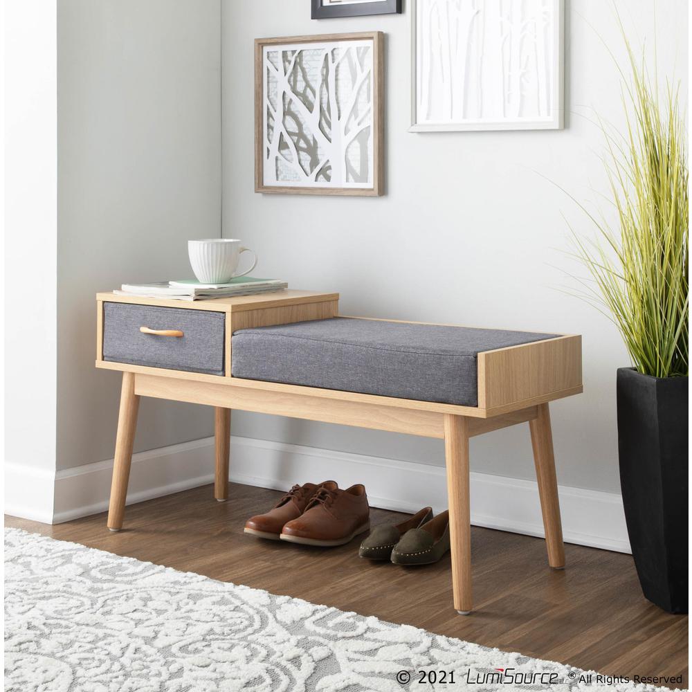 Natural Wood, Grey Fabric Telephone Bench. Picture 8