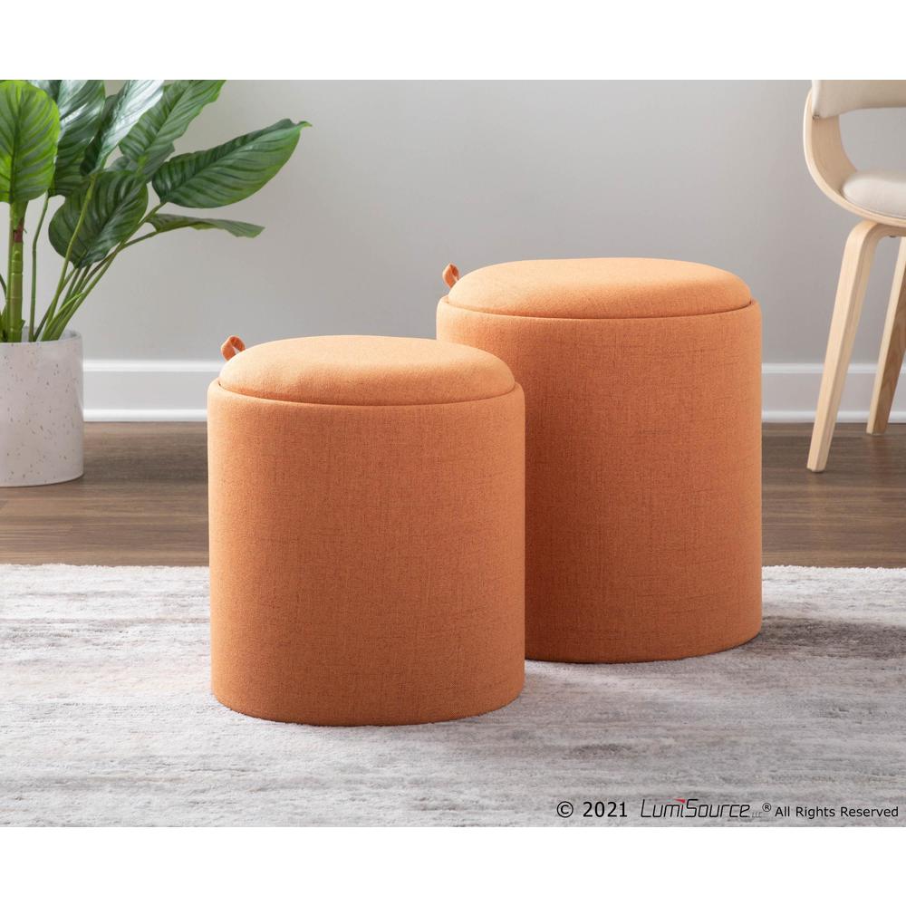 Orange Fabric, Natural Wood Tray Nesting Ottoman Set. Picture 6