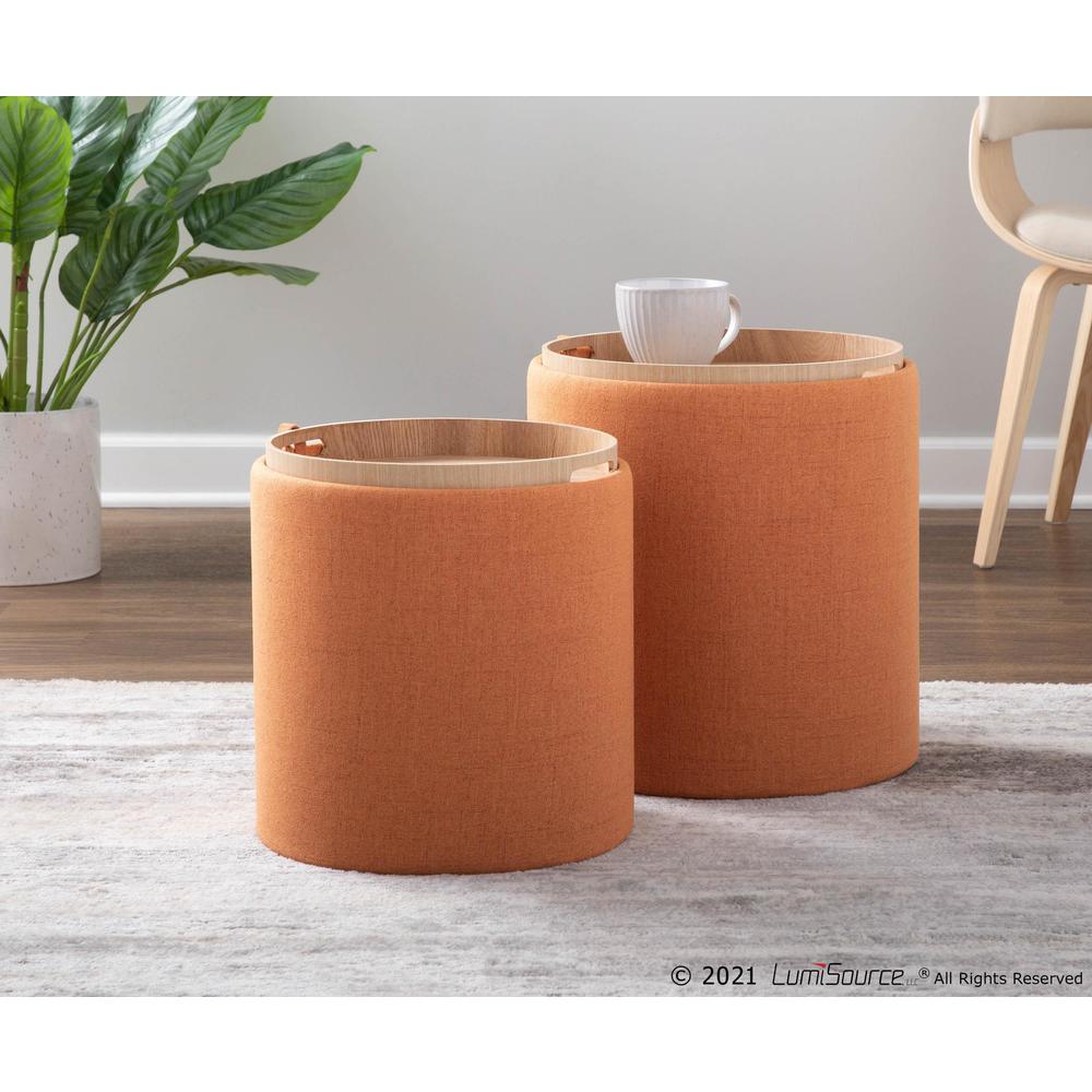 Orange Fabric, Natural Wood Tray Nesting Ottoman Set. Picture 8