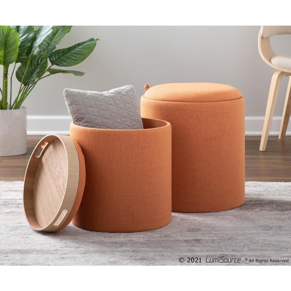 Orange Fabric, Natural Wood Tray Nesting Ottoman Set. Picture 9