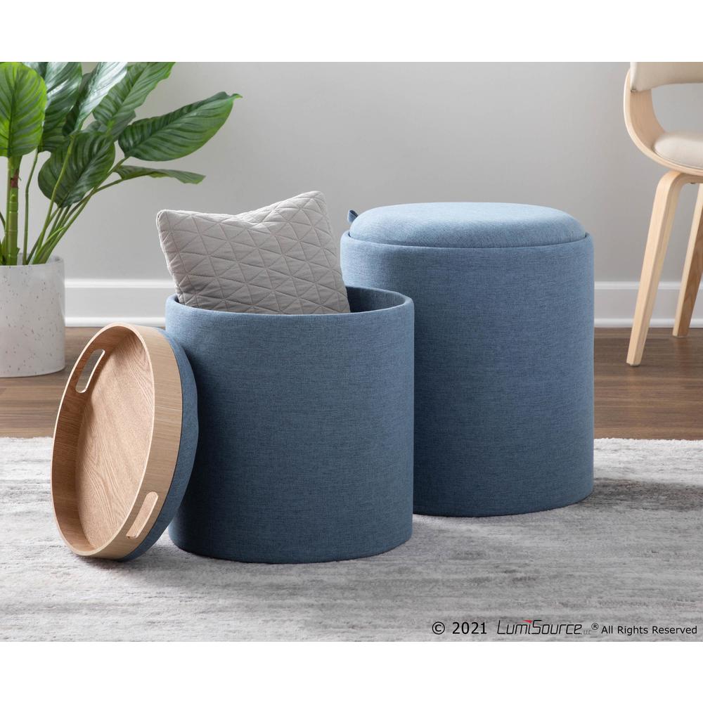 Blue Fabric, Natural Wood Tray Nesting Ottoman Set. Picture 11