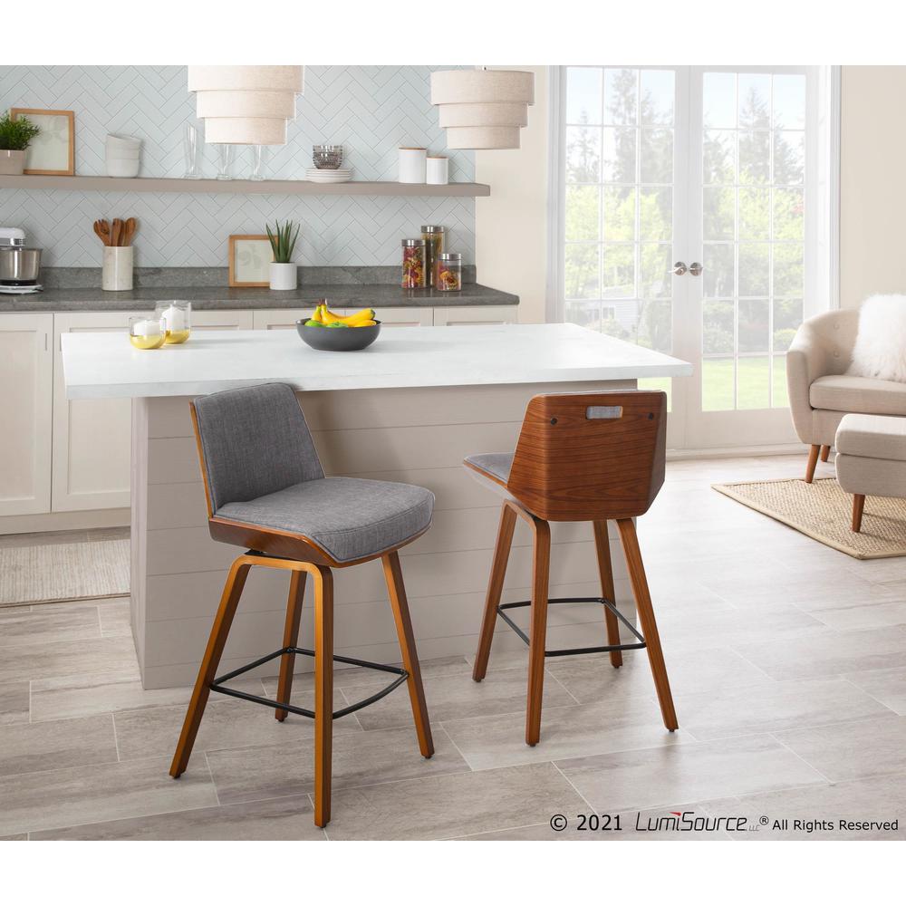 Walnut Wood, Light Grey Fabric, Black Metal Corazza Counter Stool. Picture 8