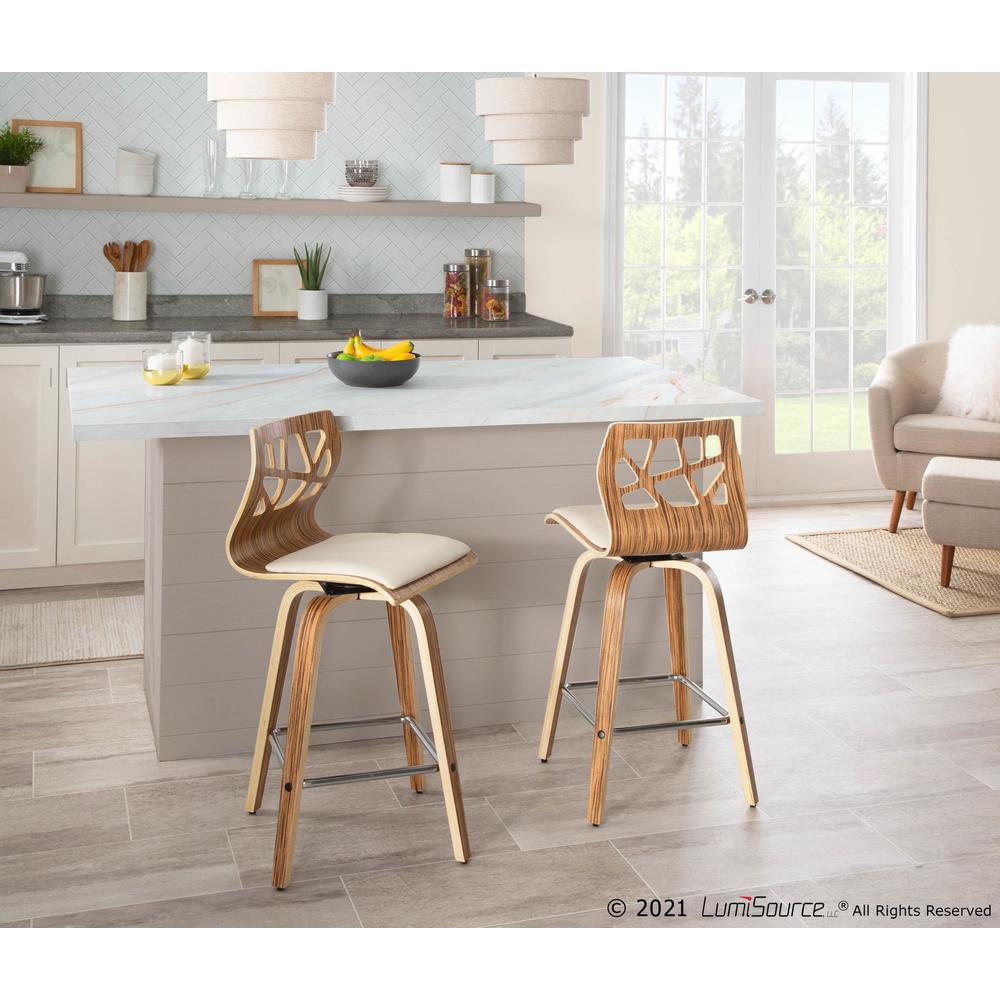Zebra Wood, Cream PU, Chrome Folia Counter Stool - Set of 2. Picture 9