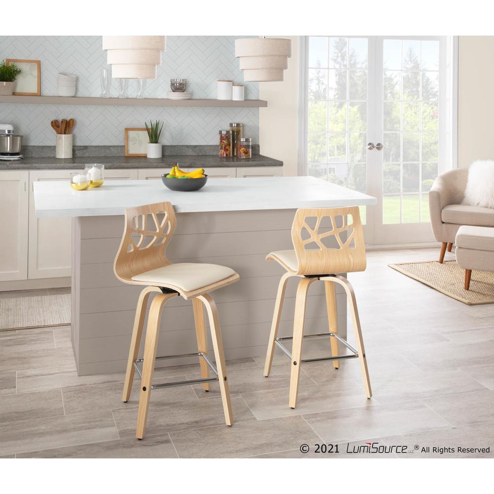 Natural Wood, Cream PU, Chrome Folia Counter Stool - Set of 2. Picture 9