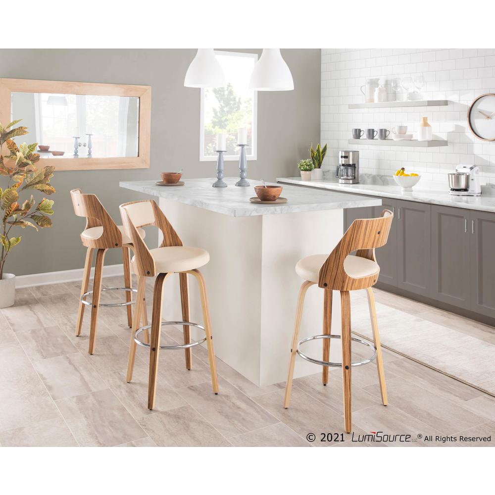 Zebra Wood, Cream PU, Chrome Cecina 30'' Fixed Height Barstool - Set of 2. Picture 12