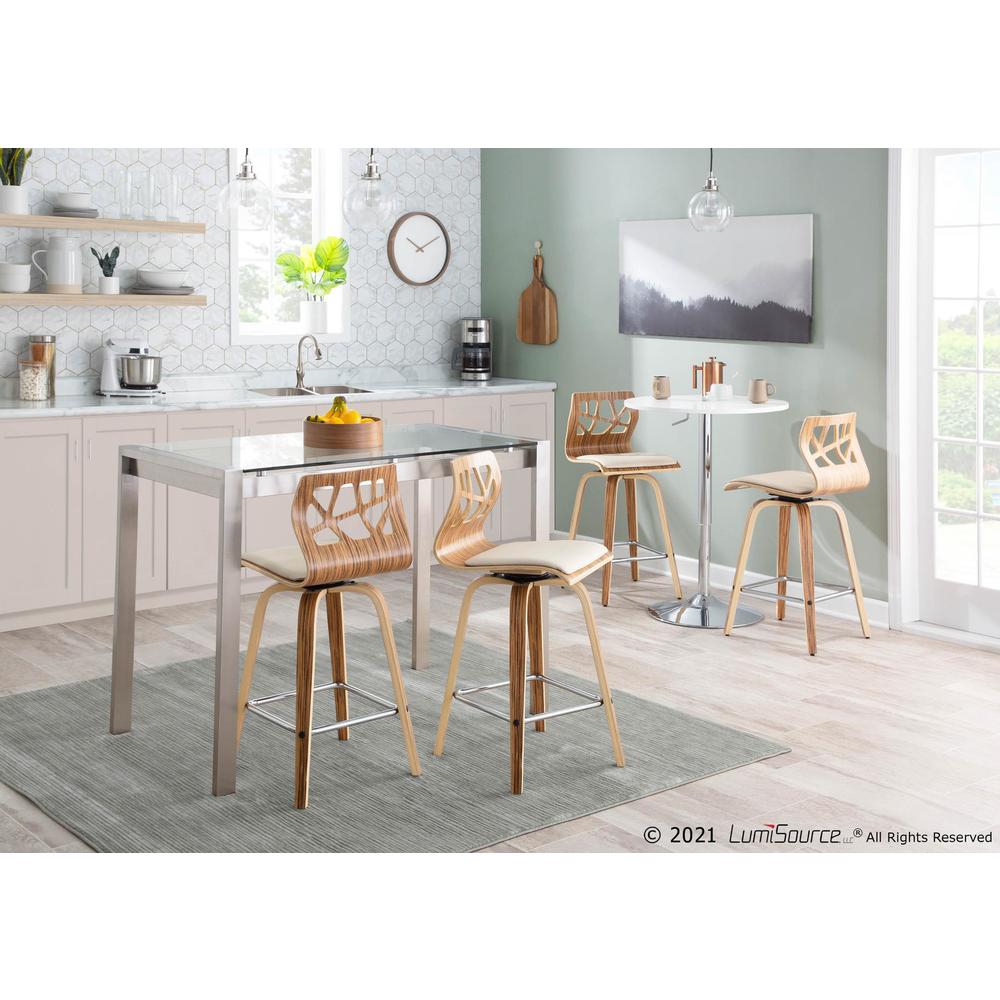 Zebra Wood, Cream PU, Chrome Folia Counter Stool - Set of 2. Picture 10