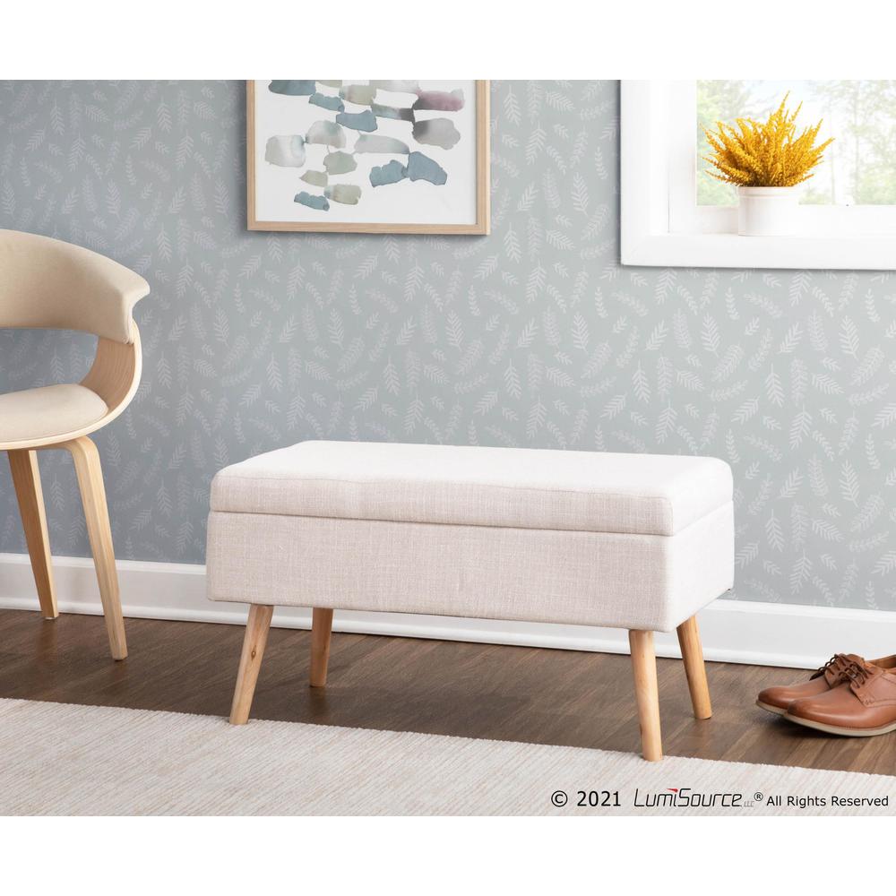 Natural Wood, Beige Fabric Storage Bench. Picture 9