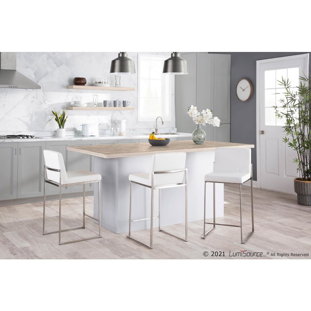 Stainless Steel, White PU Fuji High Back Counter Stool - Set of 2. Picture 8