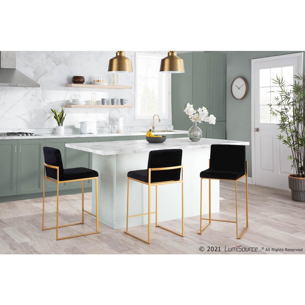 Gold Steel, Black Velvet Fuji High Back Counter Stool - Set of 2. Picture 8