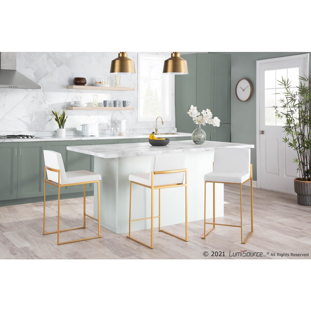 Gold Steel, White Velvet Fuji High Back Counter Stool - Set of 2. Picture 9