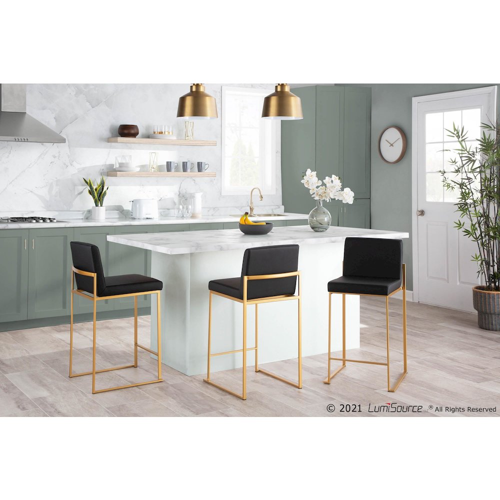 Gold Steel, Black PU Fuji High Back Counter Stool - Set of 2. Picture 9