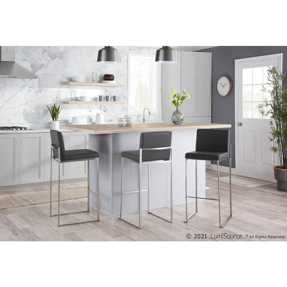 Stainless Steel, Grey PU Fuji High Back Barstool - Set of 2. Picture 8