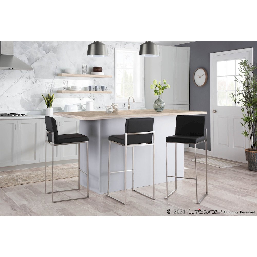 Stainless Steel, Black PU Fuji High Back Barstool - Set of 2. Picture 9