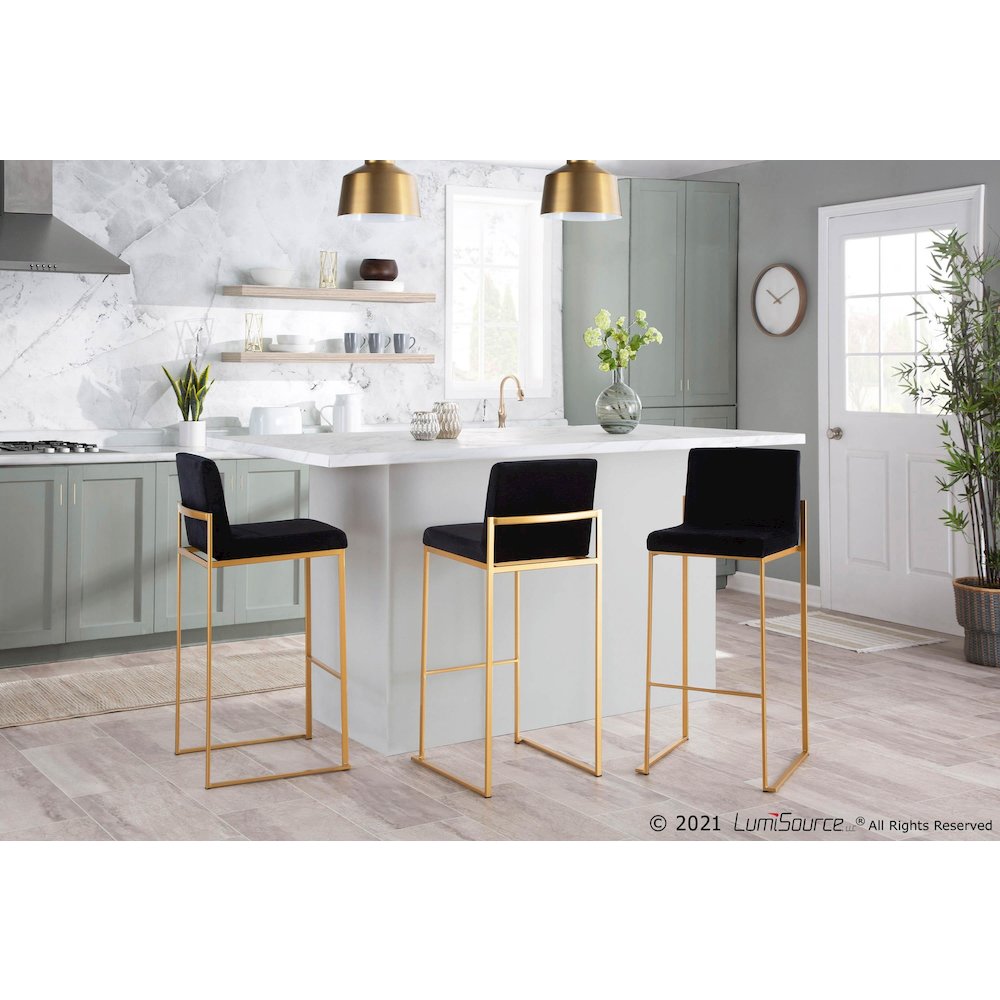 Gold Steel, Black Velvet Fuji High Back Barstool - Set of 2. Picture 8