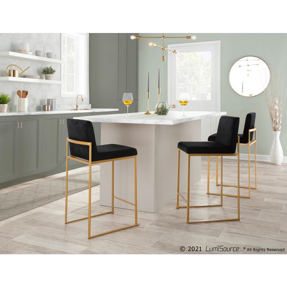 Gold Steel, Black Velvet Fuji High Back Counter Stool - Set of 2. Picture 9