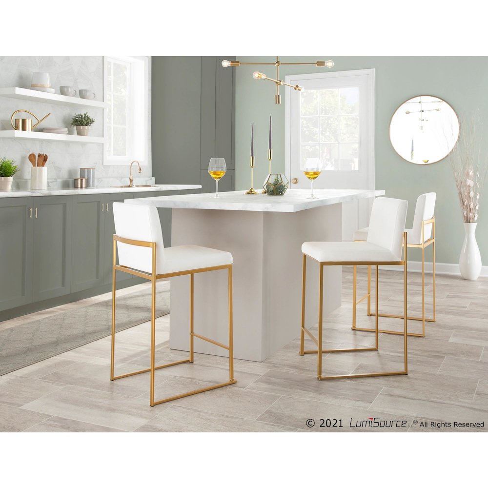 Gold Steel, White Velvet Fuji High Back Counter Stool - Set of 2. Picture 8