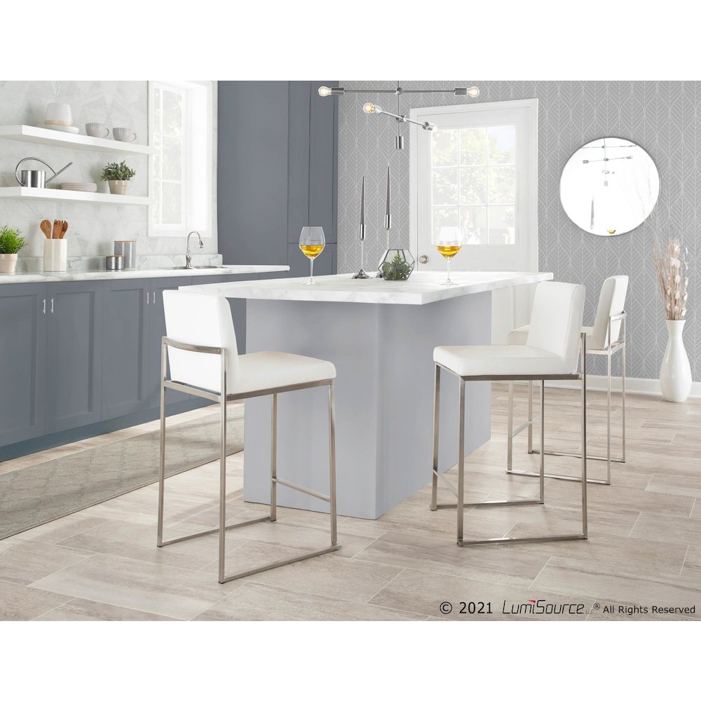 Stainless Steel, White PU Fuji High Back Counter Stool - Set of 2. Picture 9