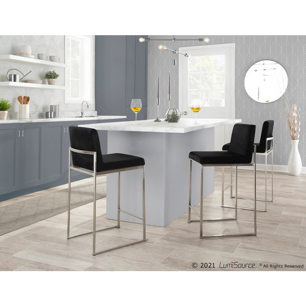 Stainless Steel, Black Velvet Fuji High Back Counter Stool - Set of 2. Picture 8