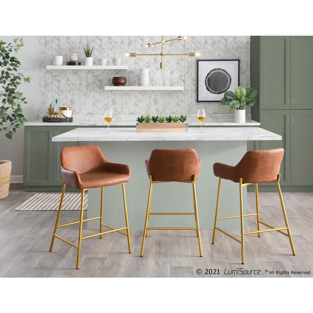 Gold Metal, Camel PU Daniella Fixed-Height Counter Stool - Set of 2. Picture 8