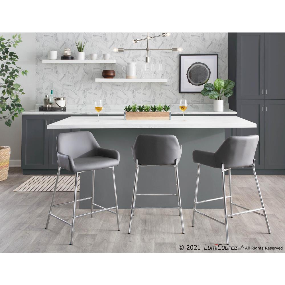 Chrome Metal, Grey PU Daniella Fixed-Height Counter Stool - Set of 2. Picture 9