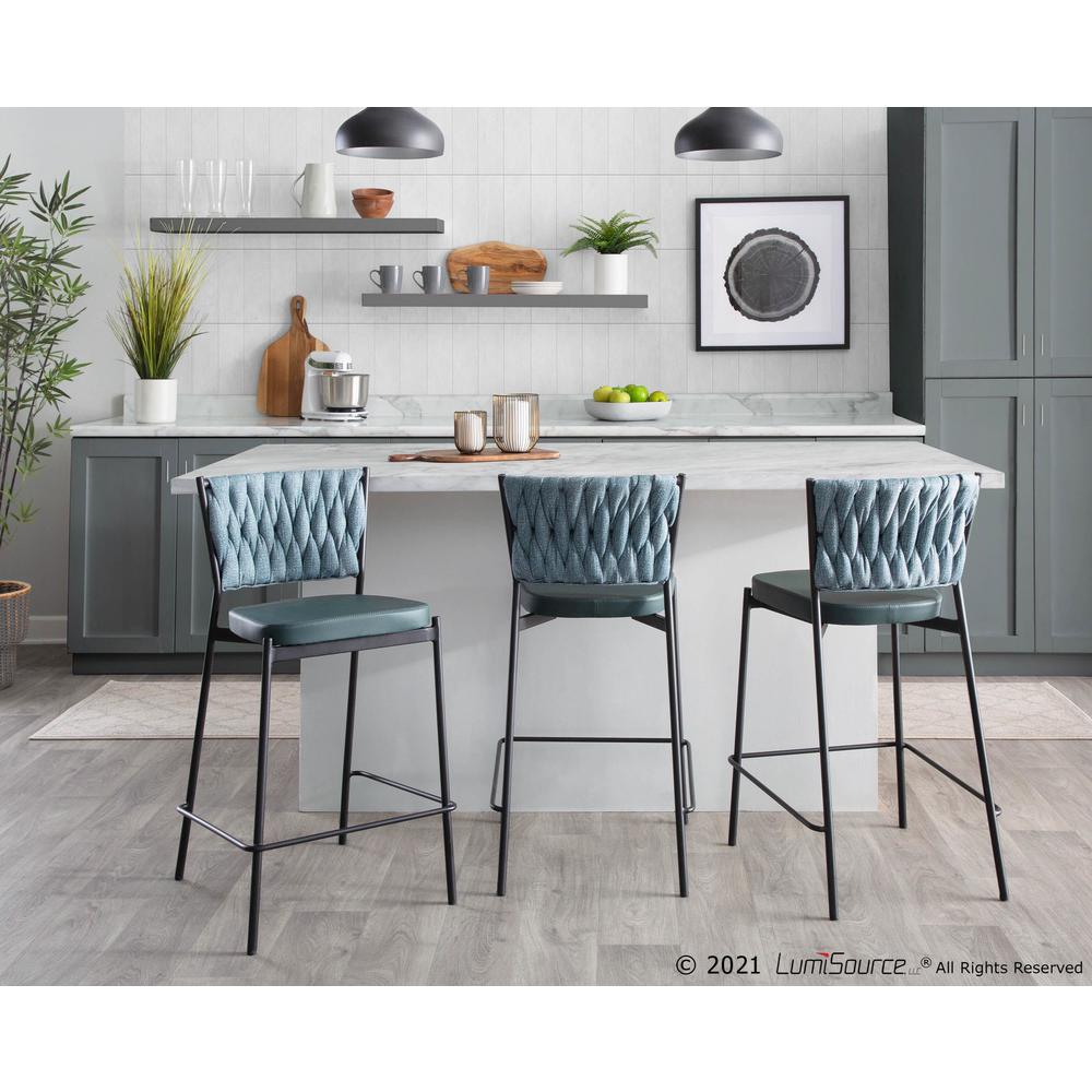 Black Metal, Green PU, Sea Green Fabric Braided Tania Counter Stool - Set of 2. Picture 9