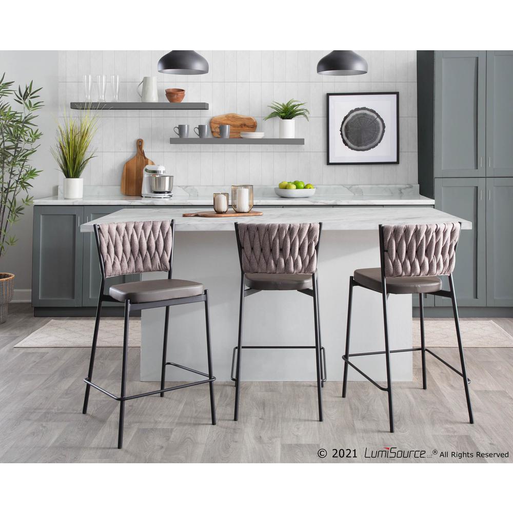 Black Metal, Grey PU, Light Brown Fabric Braided Tania Counter Stool - Set of 2. Picture 8